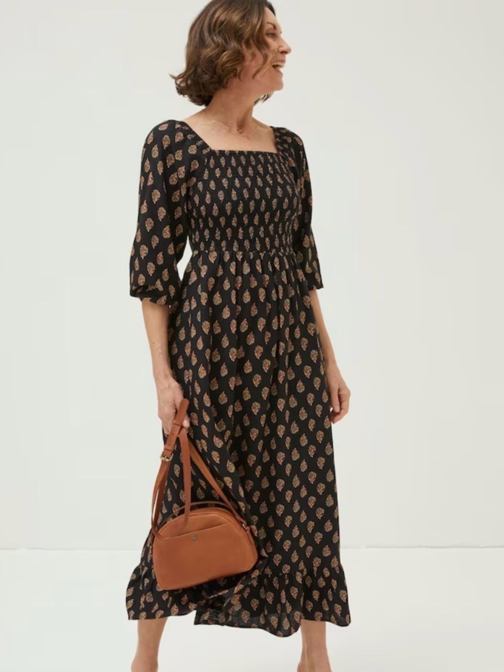 FatFace Cottagecore Smocked Square Neck Boho Midi Dress Black brown size 10